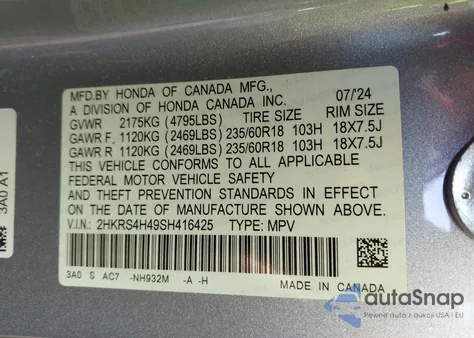 2025 Honda Cr-V Ex Awd from USA, damaged, VIN 2HKRS4H49SH416425